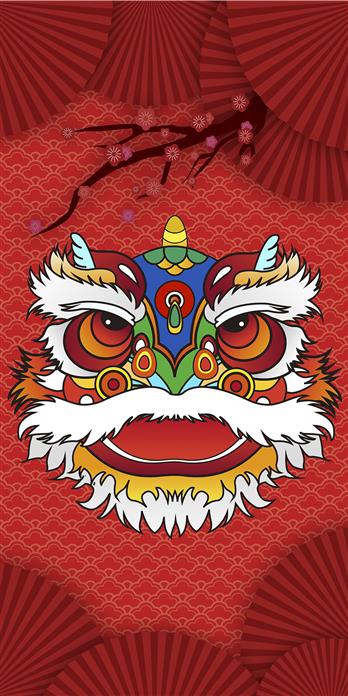 红色中国风背景的折扇与醒狮头像