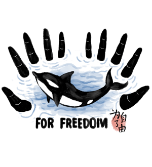 手的剪影比作人类企图剥夺生物自由的欲望,控制住本应属于海洋的虎鲸